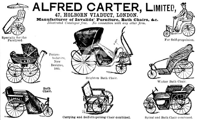 Advertisement for Alfred Carter, Ltd, Manufacturer of Invalids' Furniture, Bath Chairs, &c., 1895. Creator: Unknown.