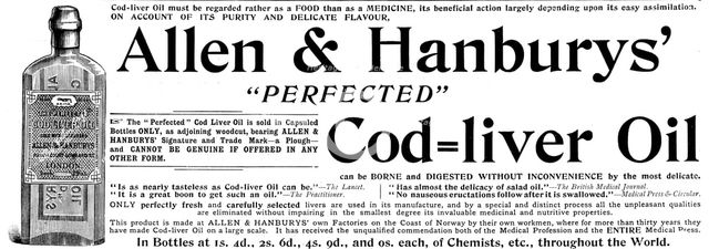 Advertisement for Allen & Hanburys' "Perfected" Cod=liver Oil, 1895. Creator: Unknown.