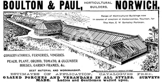 Advertisement for Boulton & Paul, horticultural builders, 1895. Creator: Unknown.