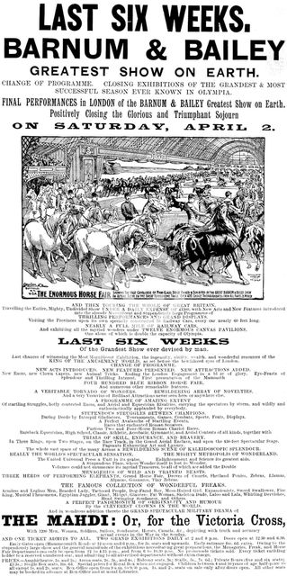 Advertisement for Barnum & Bailey's Greatest Show on Earth, 1898. Creator: Unknown.
