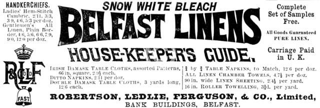 Advertisement for Belfast Linens, 1890. Creator: Unknown.