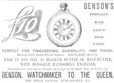 Advertisement for Benson's watches, 1883. Creator: Unknown
