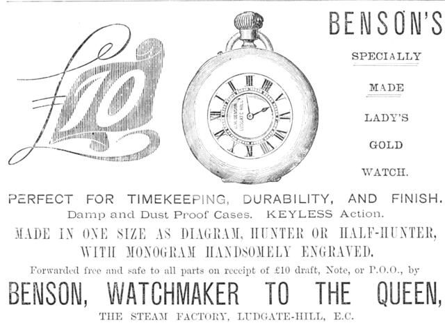 Advertisement for Benson's watches, 1883. Creator: Unknown.