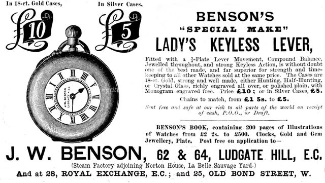 Advertisement for Benson's Watches - "Special Make" Lady's Keyless Lever, 1895. Creator: Unknown.