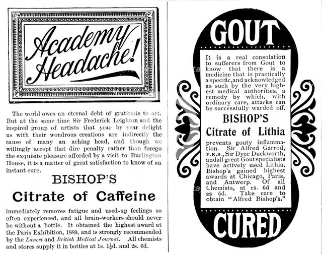 Advertisement for Bishop's Citrate of Caffeine and Citrate of Lithia, 1895. Creator: Unknown.