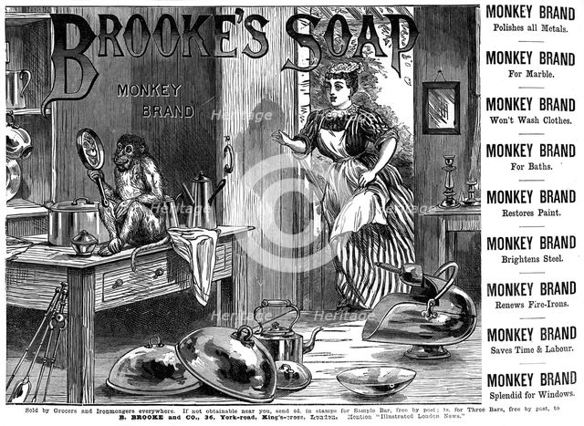 Advertisement for Brooke's 'Monkey Brand' Soap, 1887. Artist: Unknown