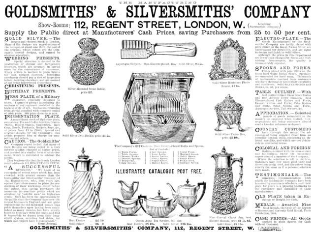 Advertisement for Goldsmiths’ & Silversmiths’ Company, 1890. Creator: Unknown.