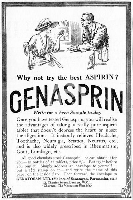 Advertisement for Genasprin, a proprietary brand of the drug Aspirin. 1919. Artist: Unknown