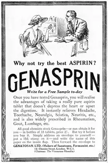 Advertisement for Genasprin, a proprietary brand of the drug Aspirin. 1919. Creator: Unknown