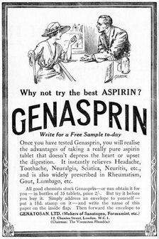Advertisement for Genasprin, a proprietary brand of the drug Aspirin. 1919