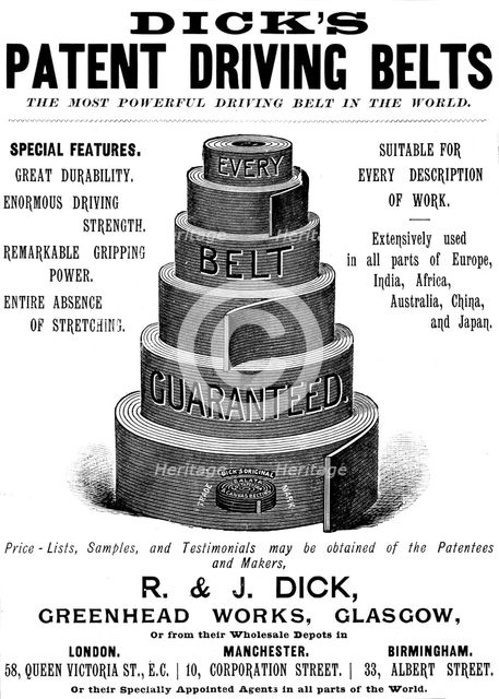 Advertisement for Dick's Patent Driving Belts, 1895. Creator: Unknown.