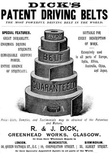 Advertisement for Dick's Patent Driving Belts, 1895. Creator: Unknown