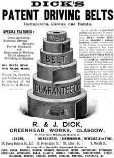 Advertisement for Dick's Patent Driving Belts, 1898. Creator: Unknown