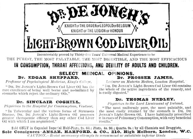 Advertisement for Dr. De Jongh’s Light-Brown Cod Liver Oil, 1890. Creator: Unknown.