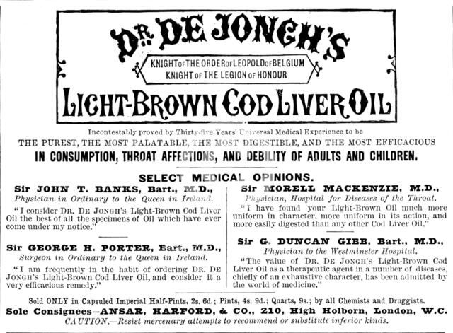 Advertisement for Dr. de Jongh’s Light-Brown Cod Liver Oil, 1890. Creator: Unknown.