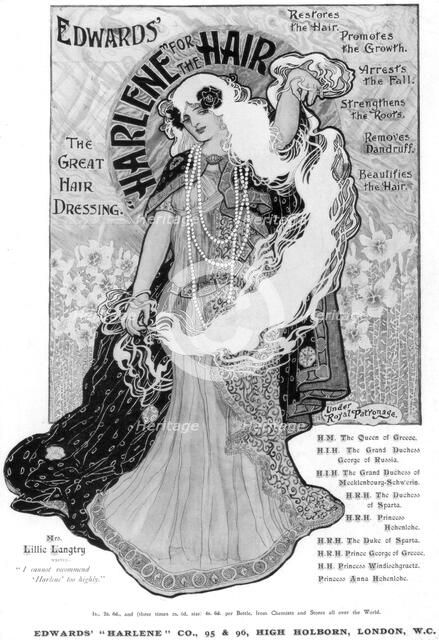 Advertisement for Edwards 'Harlene' for Hair, 1902. Artist: Unknown