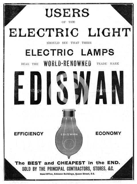 Advertisement for Ediswan incandescent light bulbs, 1898. Artist: Unknown
