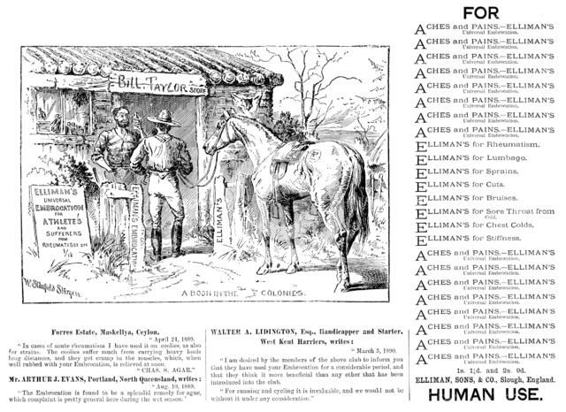 Advertisement for Elliman’s Universal Embrocation, 1890. Creator: William Stanfield Sturgess.