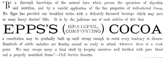 Advertisement for Epps’s (Grateful, Comforting) Cocoa, 1890. Creator: Unknown.