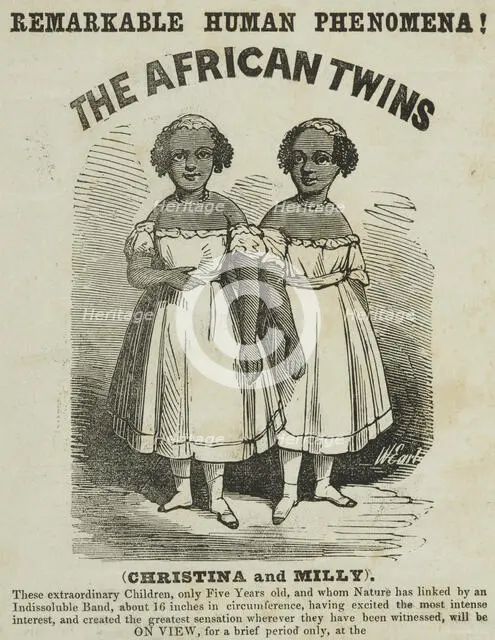 Advertisement for exhibition featuring "The African Twins" at Egyptian Hall, Piccadilly, 1855. Creator: Unknown.