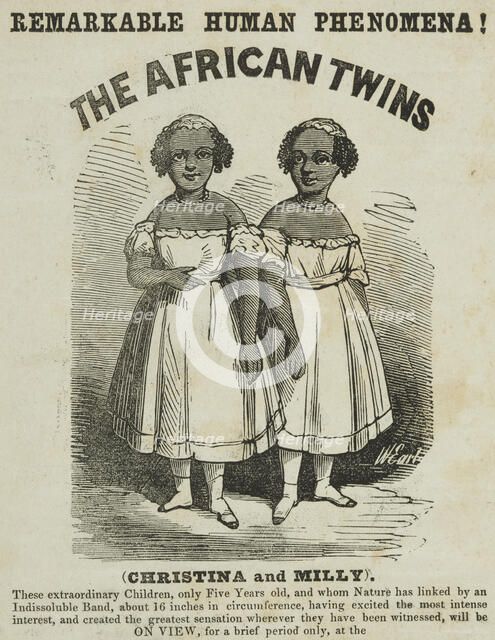 Advertisement for exhibition featuring "The African Twins" at Egyptian Hall, Piccadilly, 1855. Creator: Unknown.
