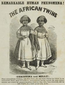Advertisement for exhibition featuring "The African Twins" at Egyptian Hall, Piccadilly, 1855. Creator: Unknown