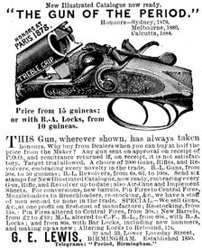 Advertisement for G. E. Lewis, gunmakers, 1895. Creator: Unknown