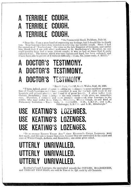 Advertisement for Keating's Cough Lozenges, 1898. Creator: Unknown.