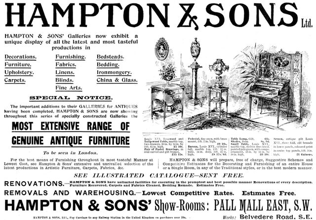 Advertisement for Hampton & Sons' show-rooms, 1898. Creator: Unknown.
