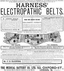 Advertisement for Harness Electropathic Belts, 1890. Creator: Unknown