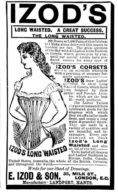 Advertisement for Izod's long-waisted corsets, 1895. Creator: Unknown.