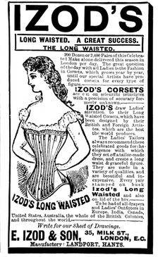 Advertisement for Izod's long-waisted corsets, 1895. Creator: Unknown