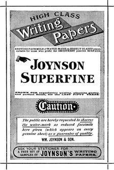 Advertisement for Joynson Superfine High Class Writing Papers, 1890. Creator: Unknown
