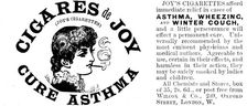 Advertisement for Joy's Cigarettes, 1895. Creator: Unknown