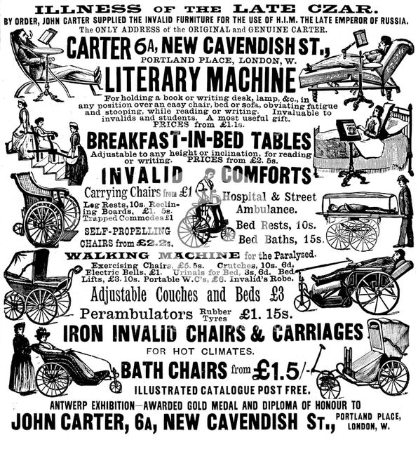 Advertisement for John Carter's invalid furniture, 1895. Creator: Unknown.