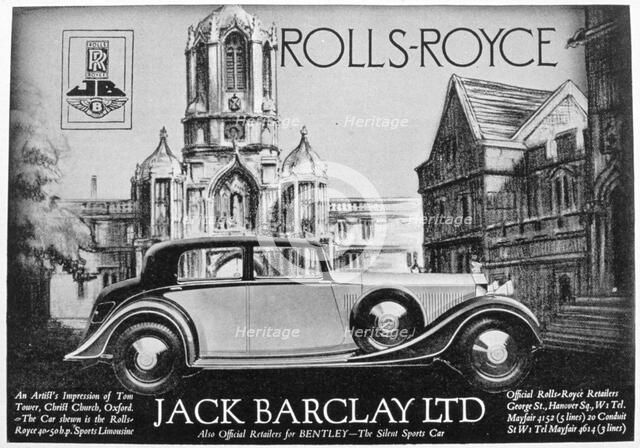 Advertisement for Jack Barclay Ltd, Rolls-Royce and Bentley dealers, 1935. Artist: Unknown