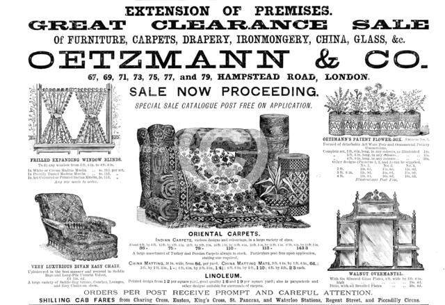 Advertisement for Oetzmann & Co. Great Clearance Sale, 1890. Creator: Unknown.