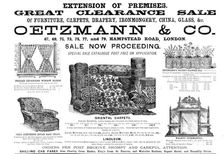 Advertisement for Oetzmann & Co. Great Clearance Sale, 1890. Creator: Unknown