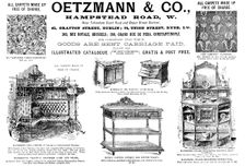 Advertisement for Oetzmann & Co., furniture and carpets, 1895. Creator: Unknown