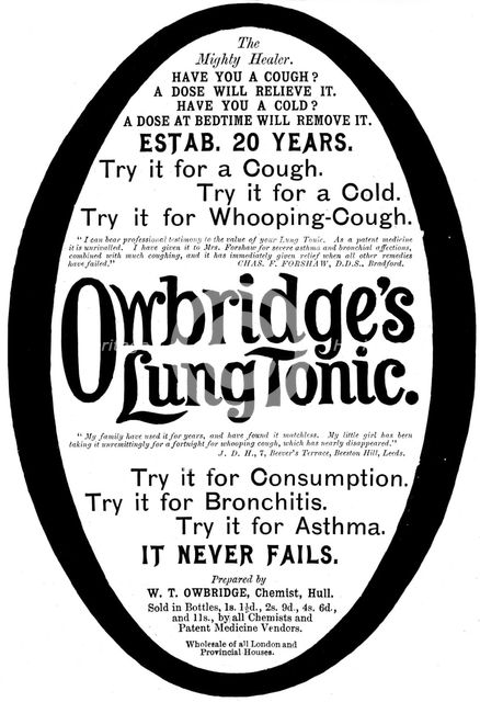 Advertisement for Owbridge's Lung Tonic, 1895. Creator: Unknown.
