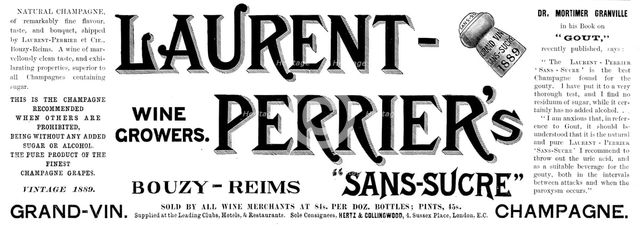 Advertisement for Laurent Perrier's "Sans-Sucre" Grand-Vin Champagne, 1895.  Creator: Unknown.
