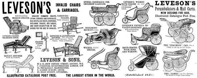 Advertisement for Leveson's Invalid Chairs & Carriages, 1898. Creator: Unknown.