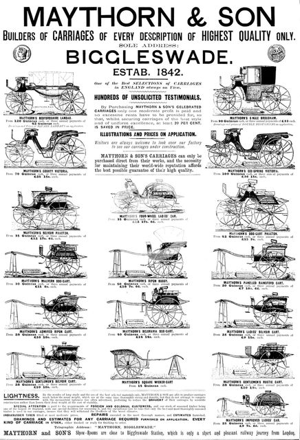 Advertisement for Maythorn & Son, carriages, 1895. Creator: Unknown.
