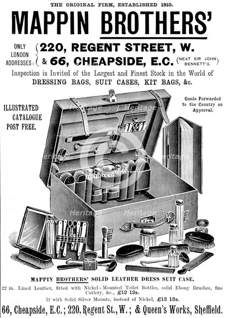 Advertisement for Mappin Brothers' Dressing Bags, Suit Cases, Kit Bags, &c., 1895. Creator: Unknown.