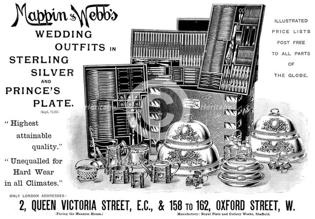 Advertisement for Mappin & Webb's Wedding Outfits in Sterling Silver and Prince's Plate, 1895. Creator: Unknown.