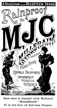Advertisement for Millerain Rainproof Velveteen, 1895. Creator: Unknown