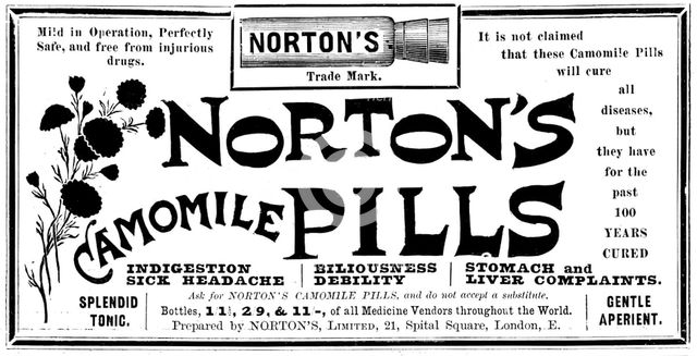 Advertisement for Norton's Camomile Pills, 1895. Creator: Unknown.