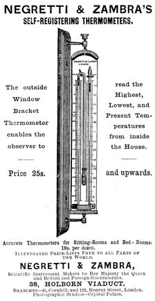 Advertisement for Negretti & Zambra's Self-Registering Thermometers, 1895. Creator: Unknown
