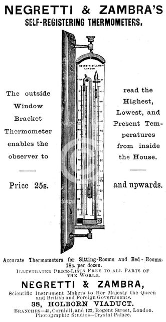 Advertisement for Negretti & Zambra's Self-Registering Thermometers, 1895. Creator: Unknown.