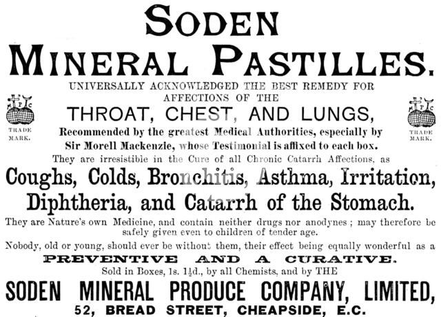 Advertisement for SODEN Mineral Pastilles, 1890. Creator: Unknown.
